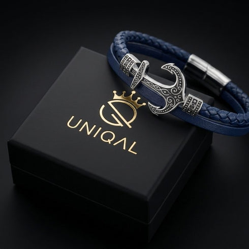 Herren Ankerarmband aus blauem Leder und Segeltau mit Edelstahl Anker Anhänger