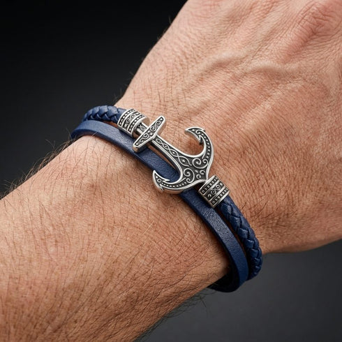 Herren Ankerarmband aus blauem Leder und Segeltau mit Edelstahl Anker am Handgelenk
