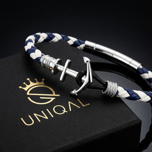 Herren Ankerarmband mit blau weißem Segeltau, Edelstahl Anker und hochwertiger Geschenkbox
