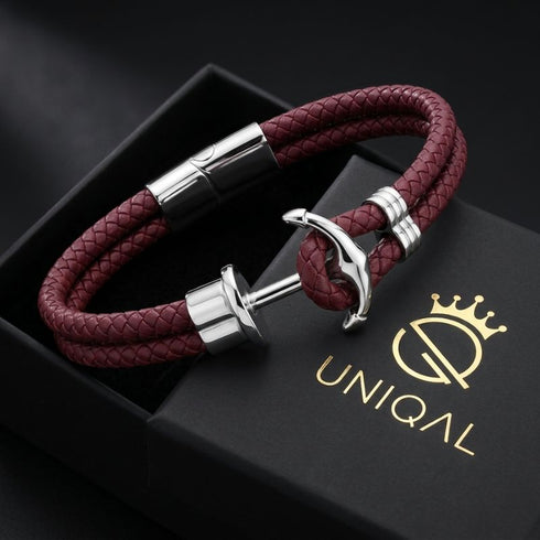 Herren Ankerarmband mit bordeauxfarbenem Leder, Edelstahl Anker und elegantem maritimem Design