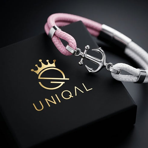 Hochwertiges Ankerarmband mit Edelstahl Anker, rosa weißem Segeltau und eleganter Geschenkbox