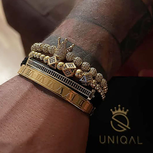 Royal Armbandset Herren vergoldet Zirkonia-Kupferkugel handgestricktes geflochtenes Seil