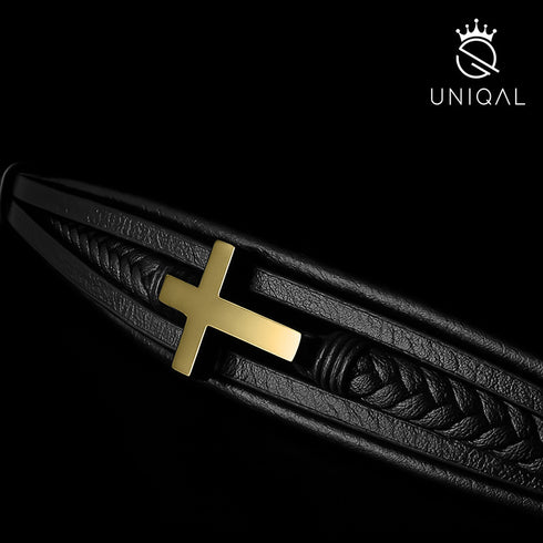 Gold kreuz armband leder herren uniqal