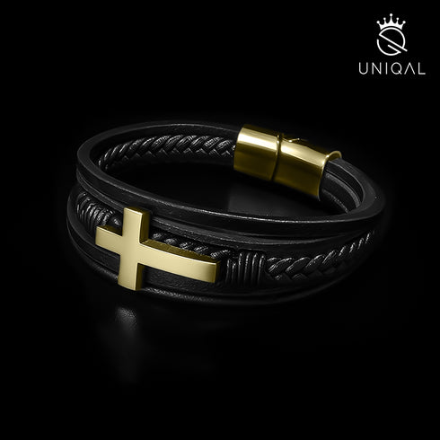 Gold kreuz armband leder herren uniqal