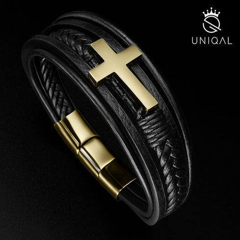Gold kreuz armband leder herren uniqal