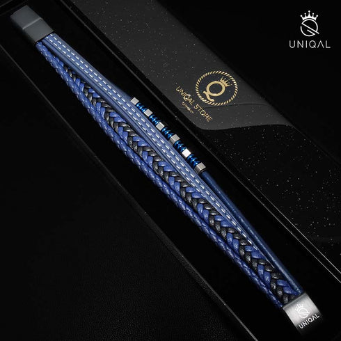 Blaues Lederarmband Herren Damen Uniqal gravur