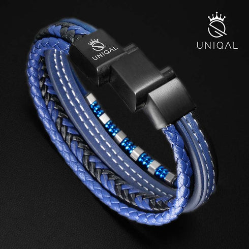 Blaues Lederarmband Herren Damen Uniqal gravur
