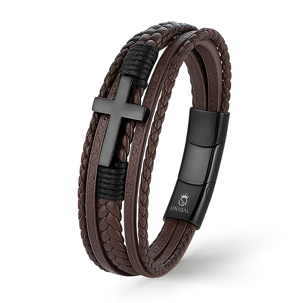Braunes Lederarmband BROWN HEAVEN mit schwarzem Edelstahl-Kreuz und Magnetverschluss – Uniqal Herrenschmuck