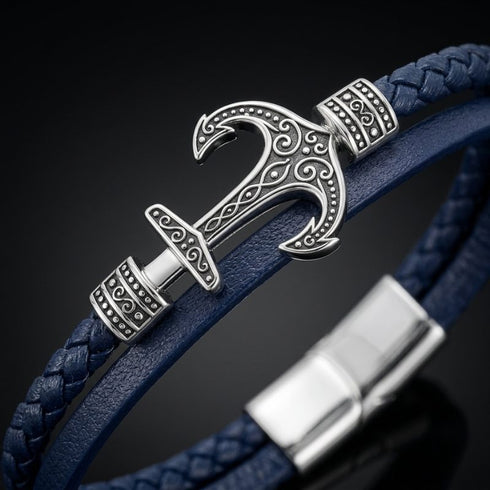 Hochwertiges Herrenarmband mit dekorativem Edelstahl Anker und blauem Lederband