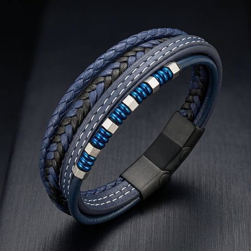 BLUE BRICS Lederarmband Seitenansicht – Magnetverschluss schwarz, personalisierbar Uniqal