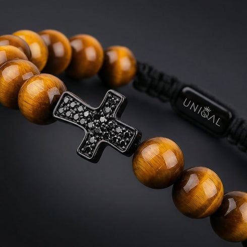 Uniqal Edelsteinarmband aus gelbem Tigerauge mit schwarzem Kreuz – symbolische Akzentsetzung, Unisex