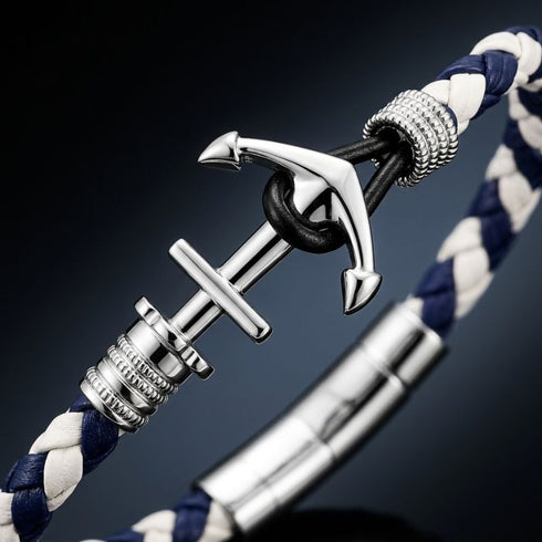 Gravierbares Herren Ankerarmband mit Edelstahl Anker und maritimem Segeltau Design