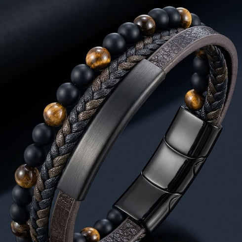 Personalisiertes Herren Lederarmband mit Gravur Möglichkeit, Tigerauge Naturstein Perlen und Premium Leder