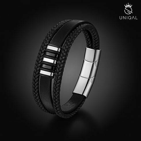 Schwarz-Silber geflochtenes Lederarmband für Herren mit Magnetverschluss