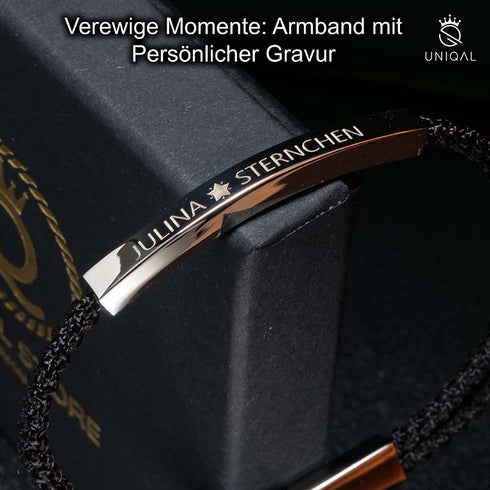 Roségoldenes Armband mit persönlicher Gravur auf Edelstahlplatte, hochwertig verarbeitetes Accessoire von UNIQAL