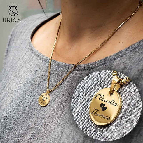 Goldene Edelstahlkette mit rundem Gravur-Anhänger, personalisierbar, Glücksbringer, Unisex, Uniqal, christlicher Fisch, ideales Geschenk