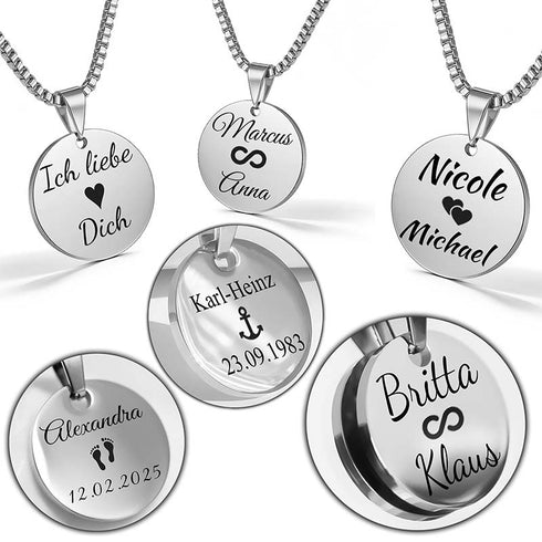 Edelstahlkette mit rundem Anhänger, Silber, personalisierbar, Unisex, Glücksmünze uniqal