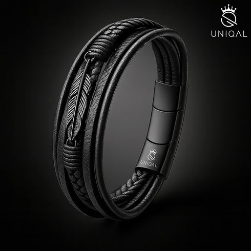 Geflochtenes Echtleder Armband in Schwarz mit Edelstahl Feder – Unisex Schmuck von Uniqal