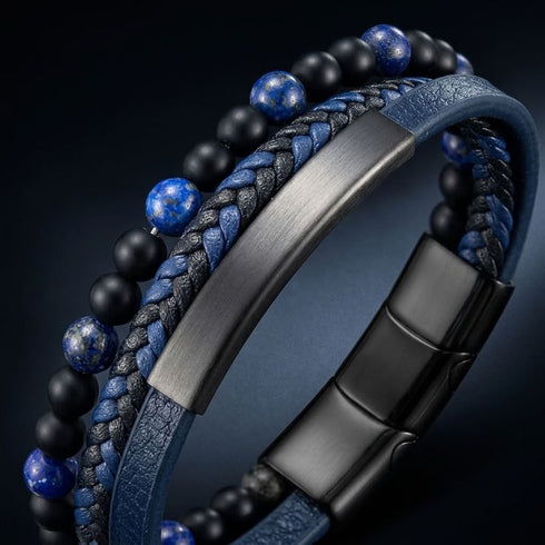 Geflochtenes Herren Lederarmband mit blauen Naturstein Perlen und hochwertigem Edelstahl Element