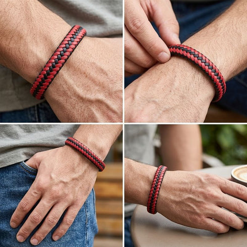 BLOODY MARY Rot schwarzes Herren Lederarmband am Handgelenk getragen mit geflochtener Lederstruktur und Personalisierung von Uniuqal