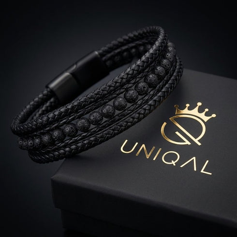 Schwarzes Herren Lederarmband mit Lavastein Naturstein Perlen und geflochtenem Leder in Geschenkbox