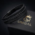 Schwarzes Herren Lederarmband mit Lavastein Naturstein Perlen und geflochtenem Leder in Geschenkbox