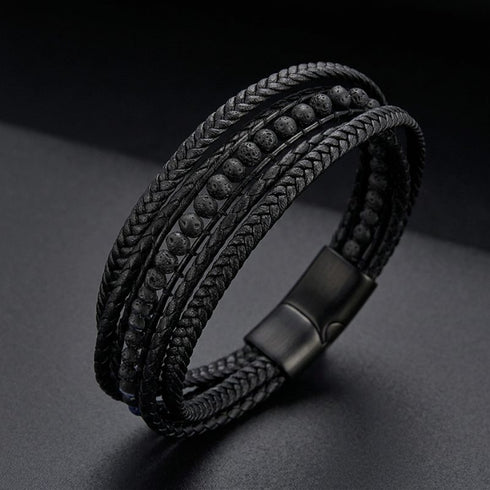 Premium schwarzes Herren Lederarmband mit Lavastein Naturstein Perlen und geflochtenem Leder Design