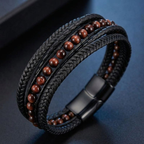 Schwarzes Herren Lederarmband mit Tigerauge Naturstein Perlen und geflochtenem Leder im hochwertigen Design