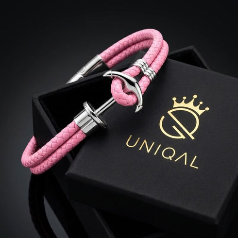 Elegantes Herrenarmband mit silberfarbenem Edelstahl Anker und geflochtenem rosa Lederband