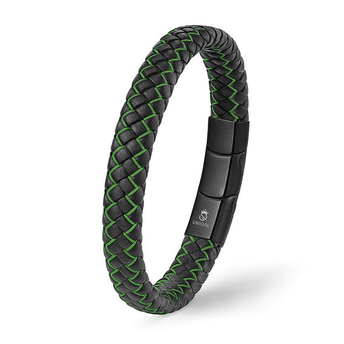 Uniqal LEVGRÜN Armband aus Echtleder – grün-schwarzes Flechtarmband mit Magnetverschluss, sportlich, elegant und perfekt für Alltag & Business.