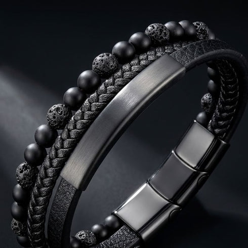 Modernes schwarzes Lederarmband für Herren mit Lava Naturstein Perlen und hochwertigem Metallverschluss