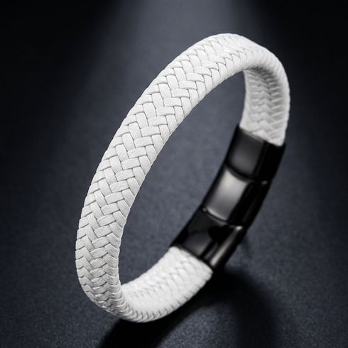 Elegantes weißes Herrenarmband aus geflochtenem Leder mit modernem Edelstahl Element