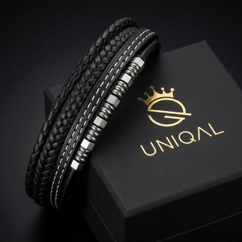 BLACK BRICS Lederarmband auf Uniqal Geschenkbox – Wunschgravur, Echtleder schwarz