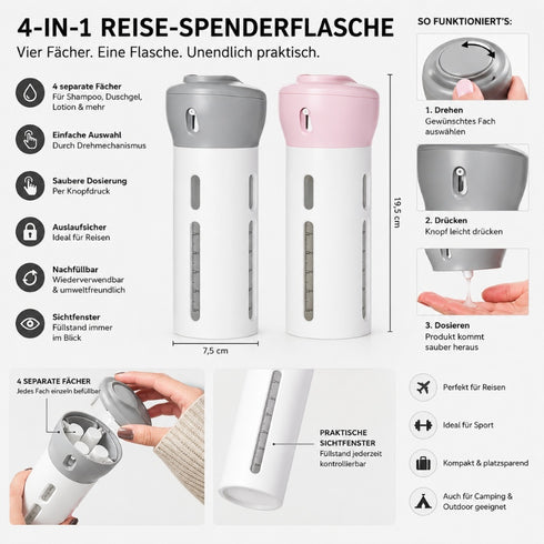 4-in-1 Reise-Spenderflasche für Shampoo, Duschgel und Pflegeprodukte