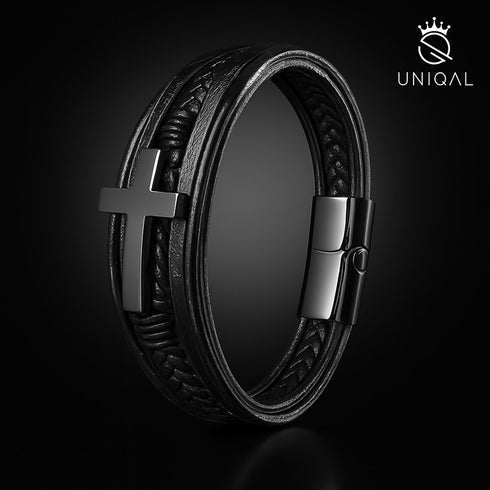 Kreuz armband schwarz herren jesus leder uniqal