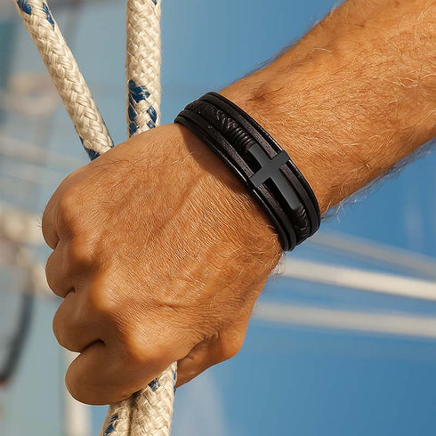 Kreuz armband schwarz herren jesus leder uniqal