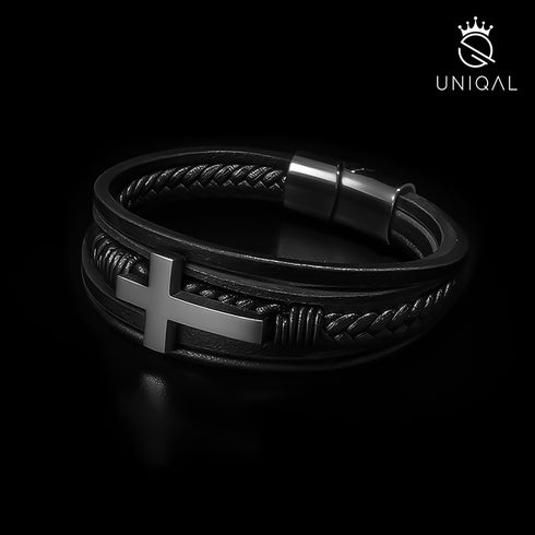 Kreuz armband schwarz herren jesus leder uniqal
