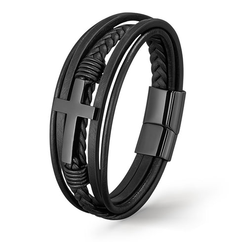 Kreuz armband schwarz herren jesus leder uniqal