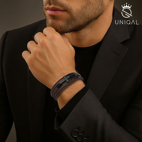 Kreuz armband schwarz herren jesus leder uniqal