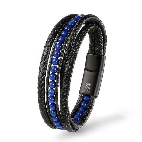Edles Uniqal Accessoire für Männer – luxuriöses Lederarmband mit tiefblauen Lapis-Lazuli-Steinen und stilvollem Auftritt.