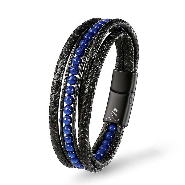 Edles Uniqal Accessoire für Männer – luxuriöses Lederarmband mit tiefblauen Lapis-Lazuli-Steinen und stilvollem Auftritt.