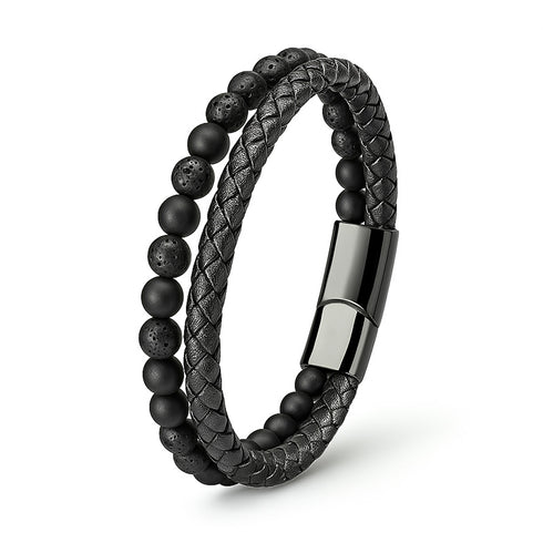 Lederarmband geflochten mit lava steinen gravierbar Uniqal