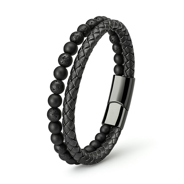 Lederarmband geflochten mit lava steinen gravierbar Uniqal