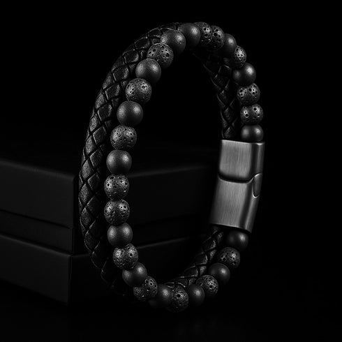Lederarmband geflochten mit lava steinen gravierbar Uniqal
