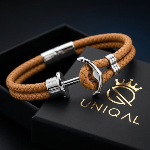 Hochwertiges Herren Lederarmband mit silberfarbenem Edelstahl Anker und elegantem Verschluss