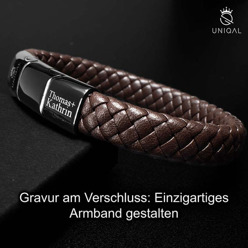 Geflochtenes Echtleder-Armband in Dunkelbraun mit schwarzem Magnetverschluss, gravierbar, personalisiert, uniqal