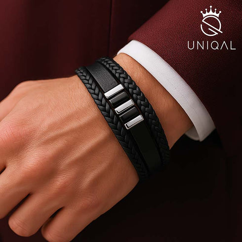 Schwarz-Silber geflochtenes Lederarmband für Herren mit Magnetverschluss