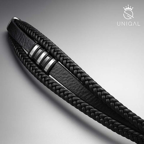 Schwarz-Silber geflochtenes Lederarmband für Herren mit Magnetverschluss
