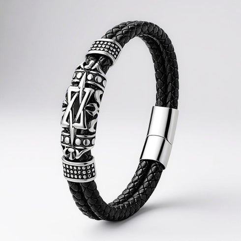 Schwarzes Lederarmband mit Edelstahl Elementen, kraftvolles Symbolarmband mit magnetischem Verschluss und Verlängerung Uniqal