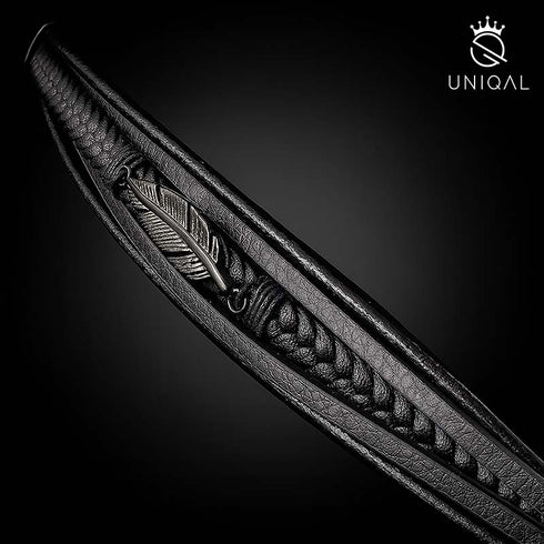 Schwarzes Uniqal Armband aus Echtleder – Feder Design mit dezenter Gravur und Magnetverschluss